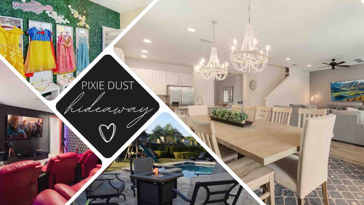 A collage showcases various areas of Pixie Dust Hideaway. Colorful children's costumes adorn the wall, while a spacious dining area features a wooden table with multiple chairs. The living space is complemented by elegant chandeliers and a view of the pool area, highlighting a relaxing outdoor setting.