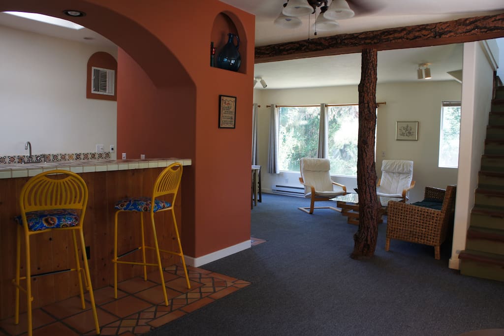 Kitchen with bar counter and living area.