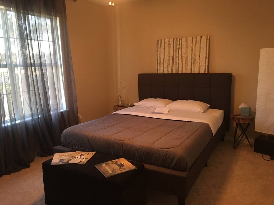 The large main bedroom has a queen sized memory foam mattress and can also be arranged to include the queen sized air mattress.