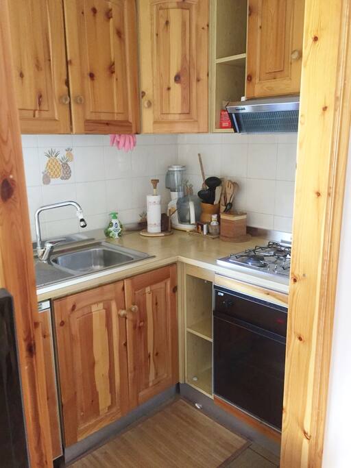 little kitchen with oven fridge and washing machine