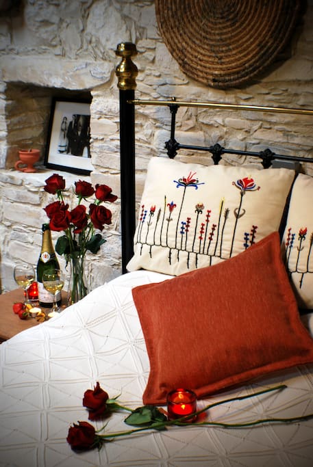 A close-up of the traditional Cypriot bed in this room, provides a romantic setting.
