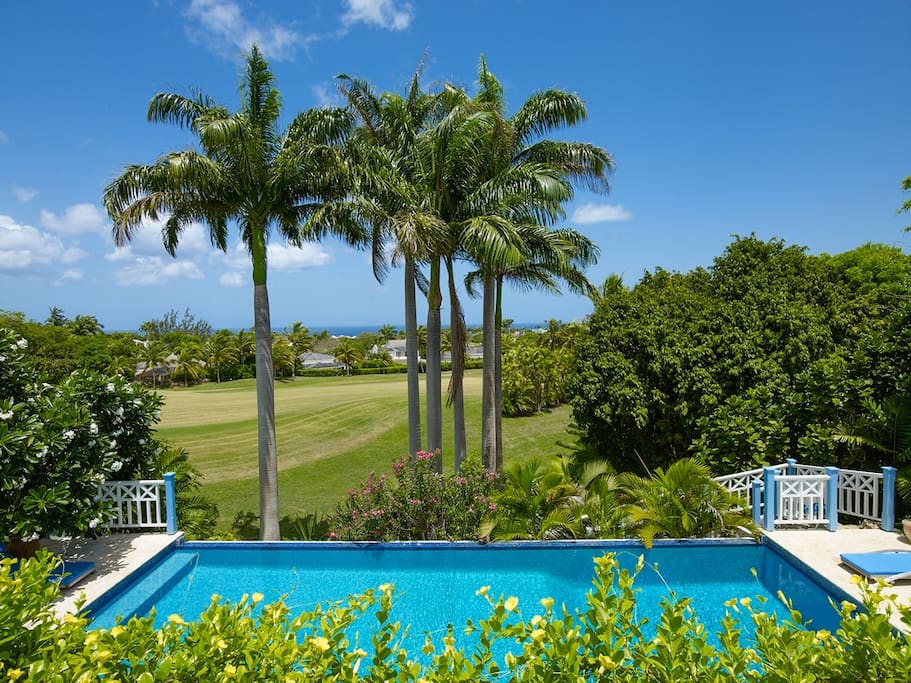 Private infinity edge swimming pool with views over the green