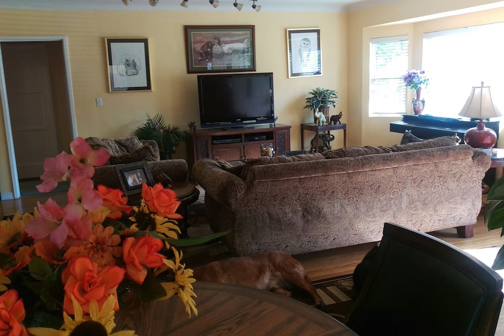 Shared living room with piano large tv with cable and streaming available