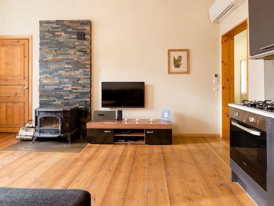 Natural wood floors, nice fireplace and TV