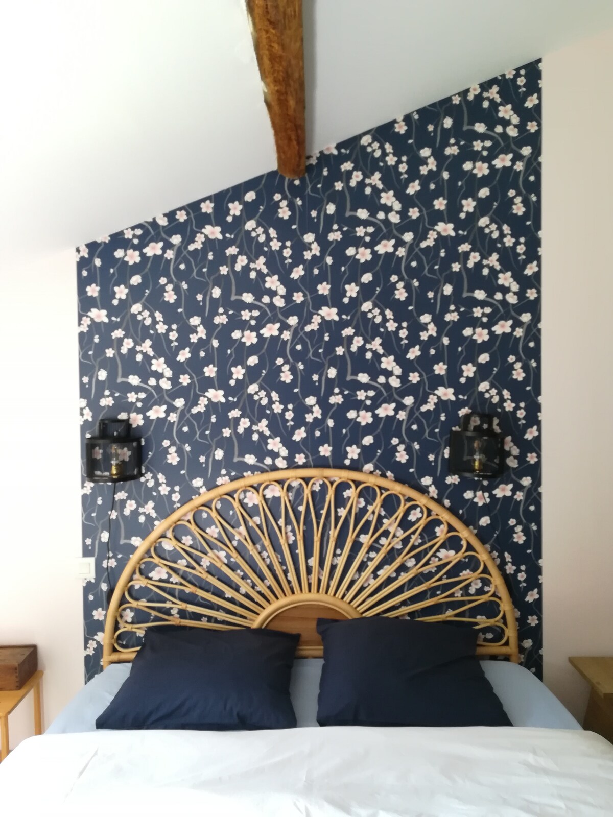 Upstairs, this is Sakura. The largest of the two bedrooms,  bright and bucolic.  
All bedding is provided.