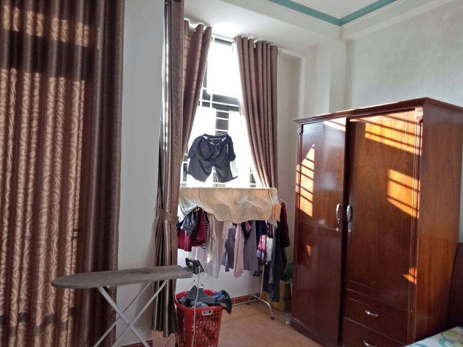 If you worry about your clothes which could be stolen, you can hang your clothes in the room like this