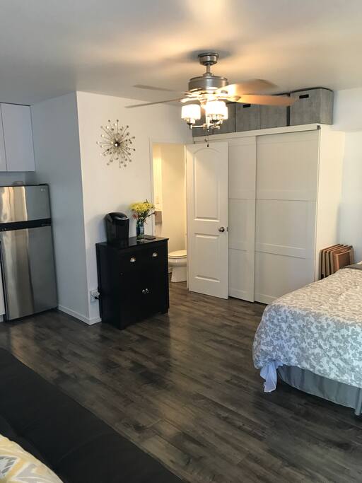 2 sided closets with sliding doors. Coffee bar with Keurig coffee machine.