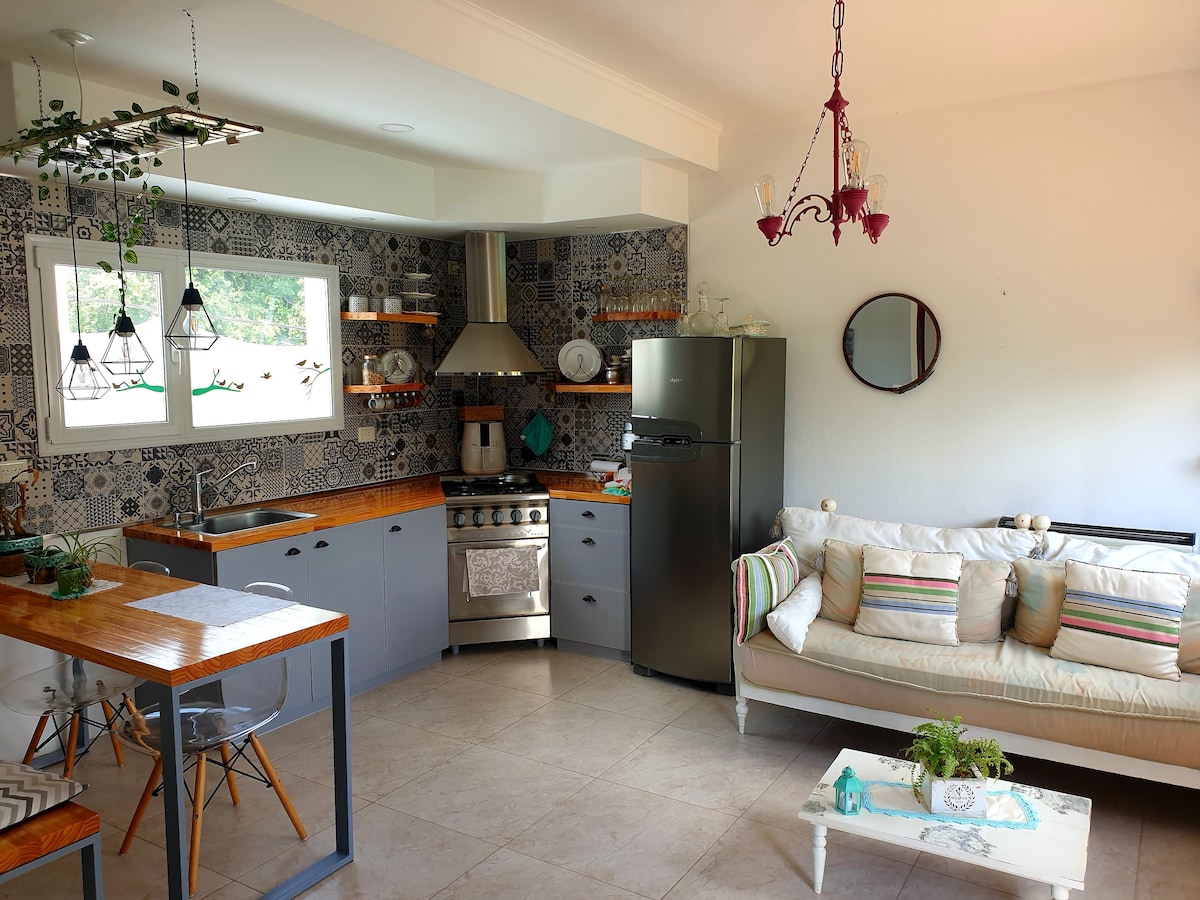 An open kitchen area is paired with a cozy seating space. A stainless steel refrigerator stands beside a wooden countertop. The kitchen features patterned tiles and hanging light fixtures. A small table is accompanied by transparent chairs, while decorative plants add a touch of greenery.