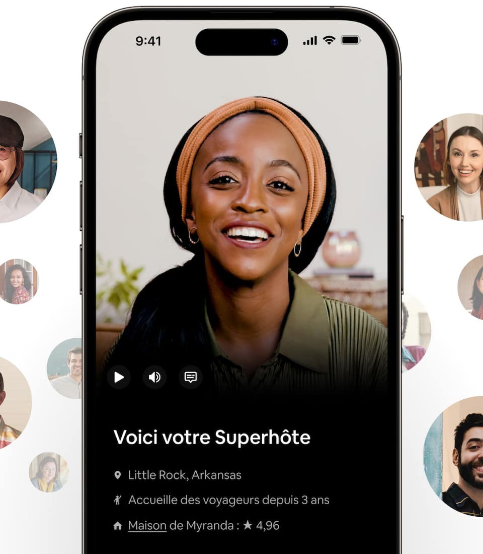 Une Superhôte souriante sur l'application Airbnb. Le texte nous informe qu'elle s'appelle Myranda, qu'elle a trois ans d'expérience en tant qu'hôte à Little Rock et que son évaluation sur Airbnb est de 4,96 étoiles sur 5.