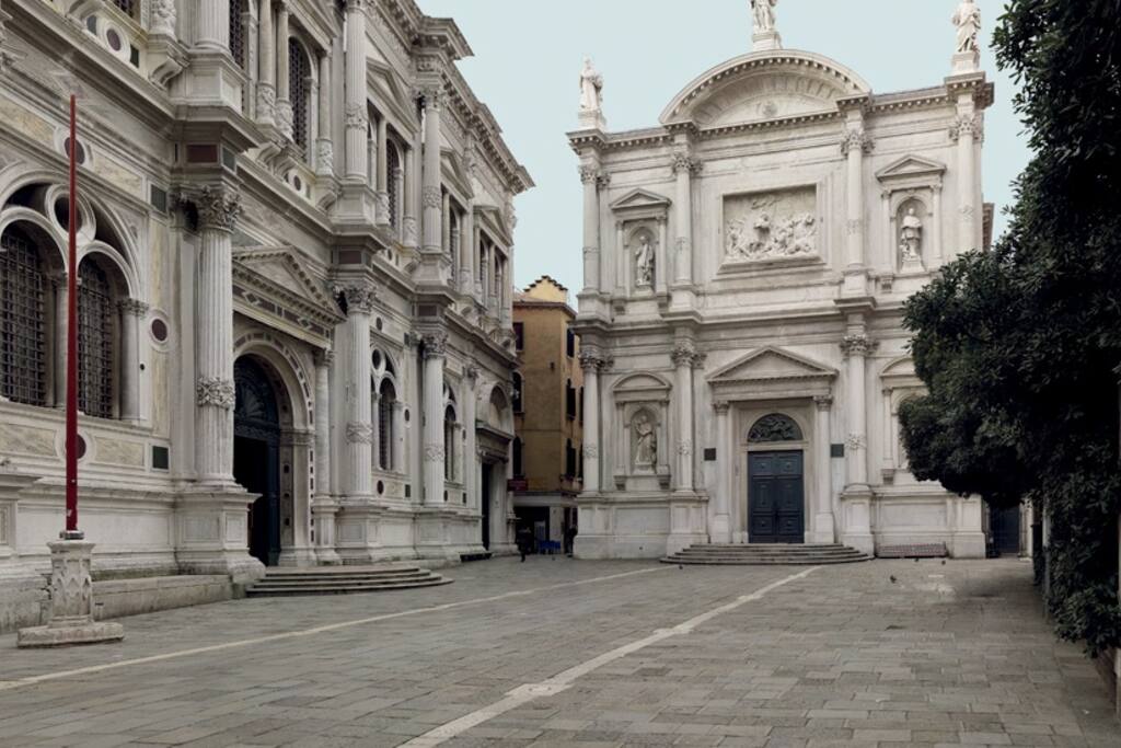 San Rocco square, the monumental Scuola Grande San Rocco on the left and San Rocco church ahead