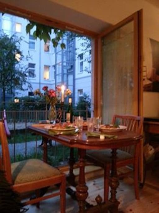 French balconies in every room, view to a green backyard