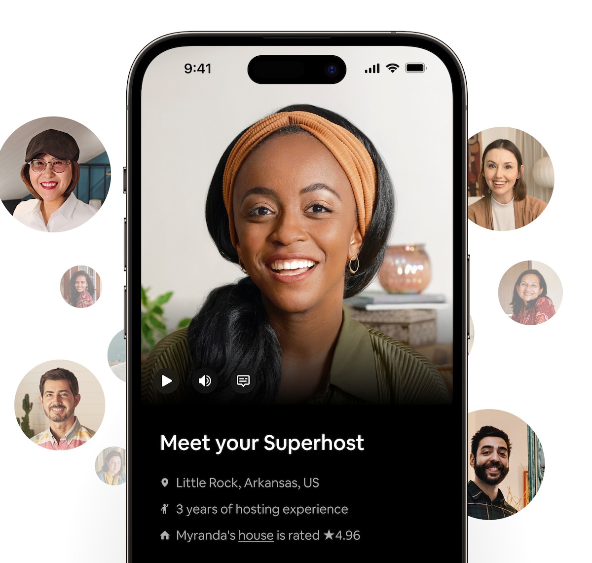 A smiling Superhost in the Airbnb app. Text informs us that her name is Myranda, she has three years’ experience hosting in Little Rock, and her Airbnb rating is 4.96 stars out of 5.