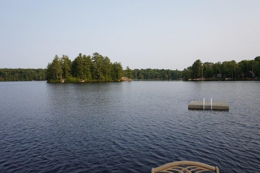 View of the island and swim raft from the dock
