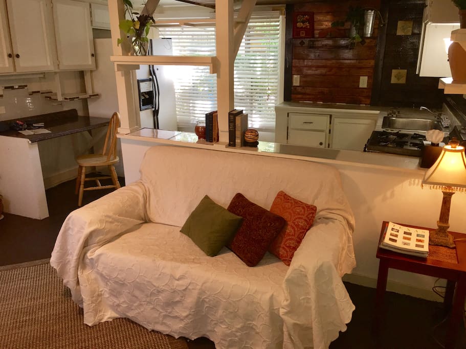 living area with kitchen and desk in background