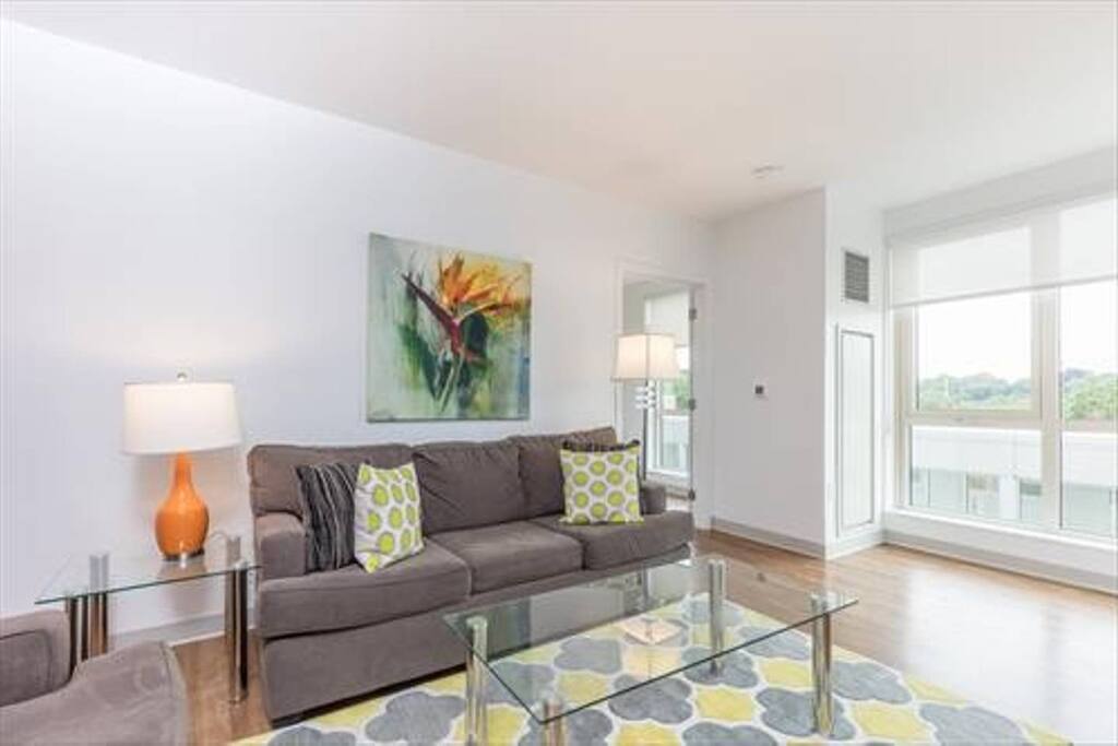 Comfortable living area with pullout sofa bed, and club chair