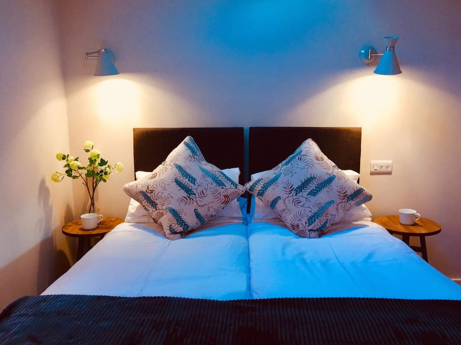 The bed can be arranged as a twin or fully connected double.