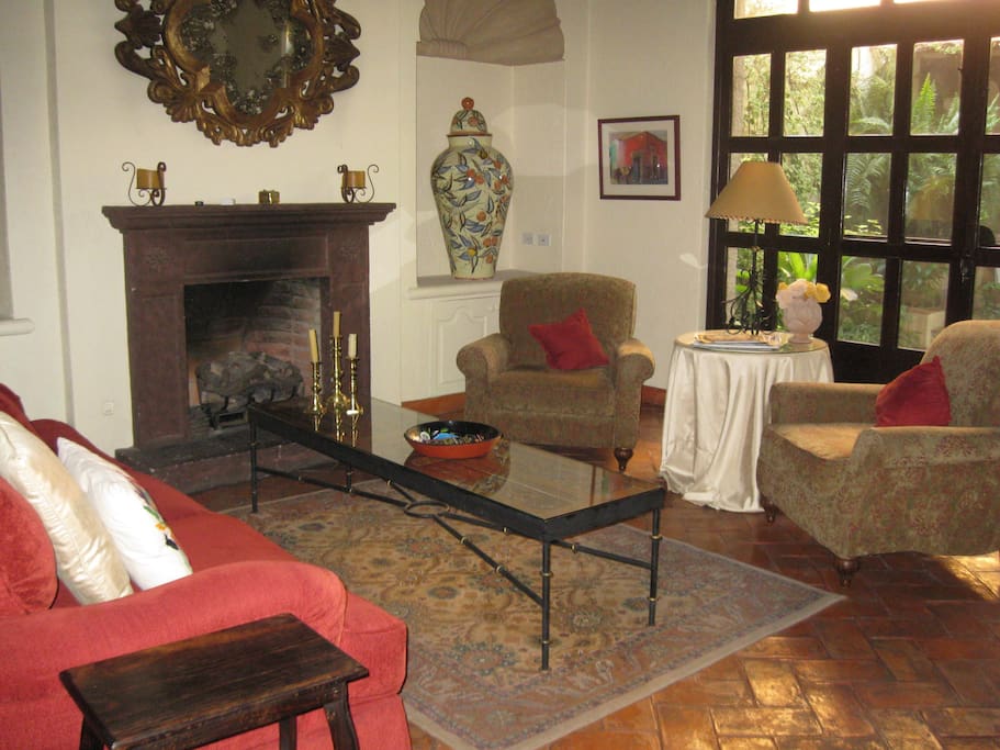 Comfortable living room with working gas fireplace