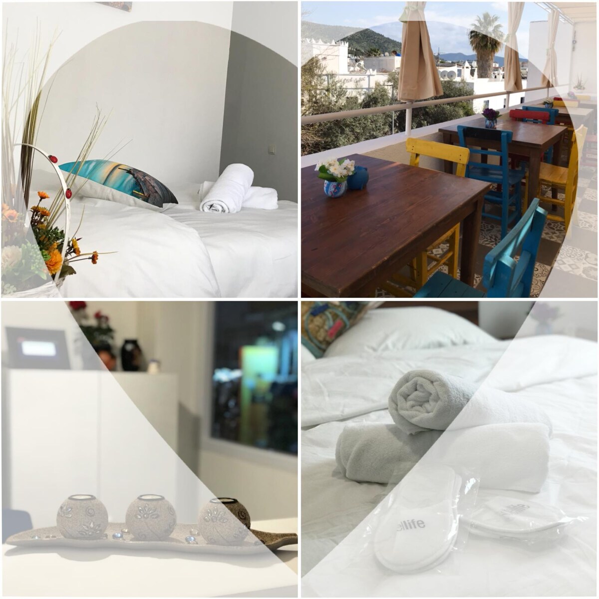A comfortable bed is adorned with neatly rolled towels and colorful decorative pillows. A wooden dining table with vibrant chairs occupies a sunny outdoor terrace, surrounded by greenery. Soft bedding drapes over another neatly made bed, while decorative pieces enhance the ambiance.