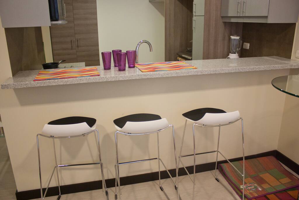 High stools for breakfast.