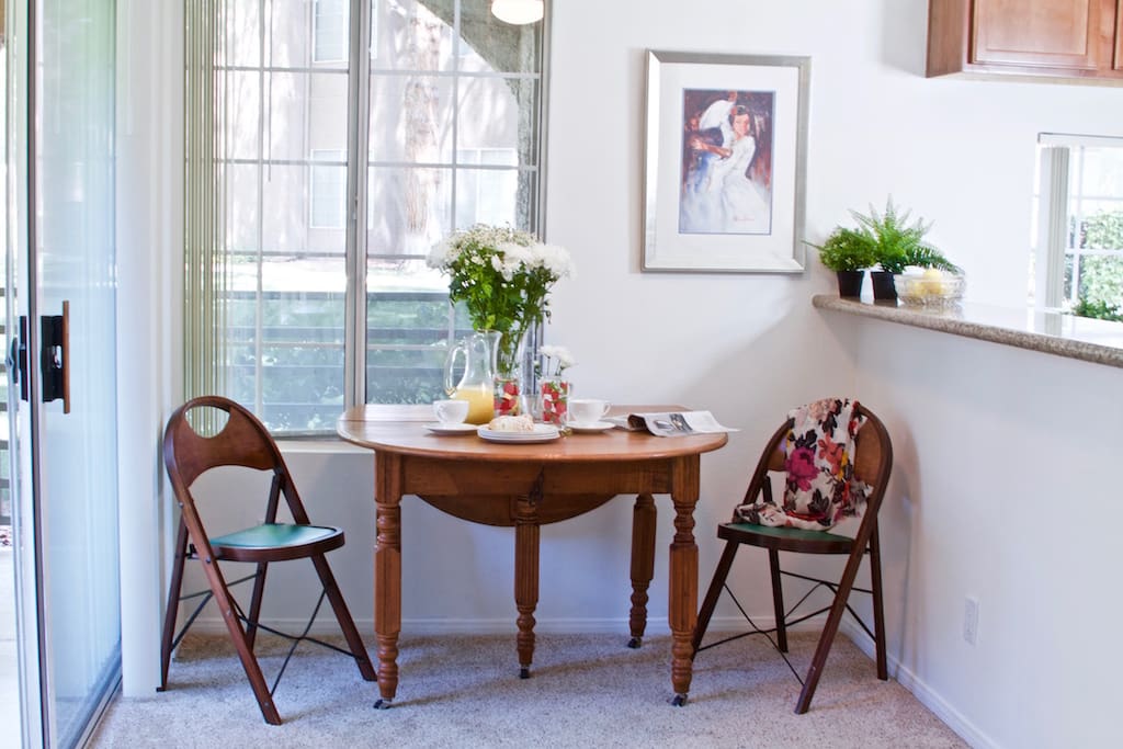 Dining area. There are 6 chairs that are available and the table is able to be made bigger or smaller depending on how big of a group you will be!