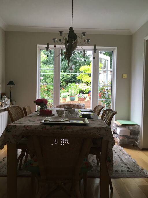The dining room with doors that open onto the patio.