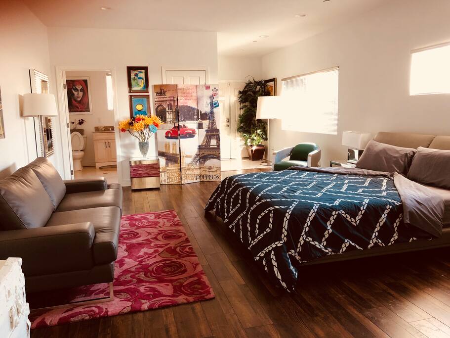 King size bed and a pull out sofa across