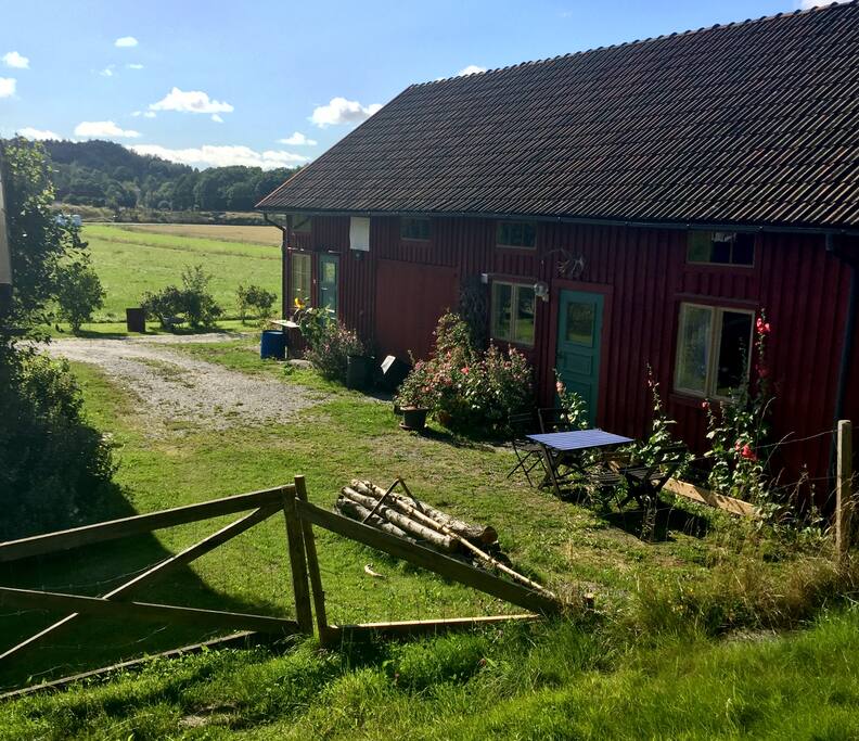 Ladan med gästlägenheten och utsikt över åkrarna