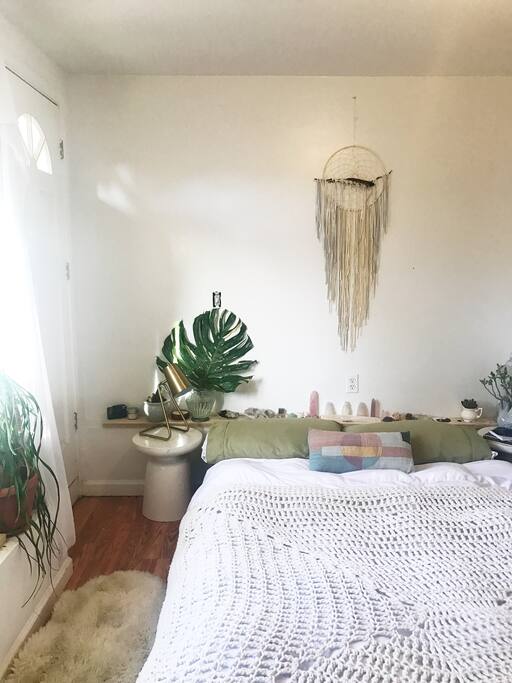 Queen size bed with crystal altar