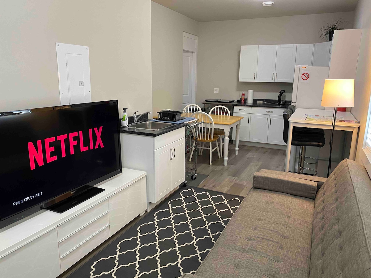 A furnished living space includes a gray futon sofa and a 55-inch TV displaying a Netflix screen. A dining table with four chairs is positioned nearby, with a kitchenette featuring white cabinets, a sink, and a refrigerator visible in the background.