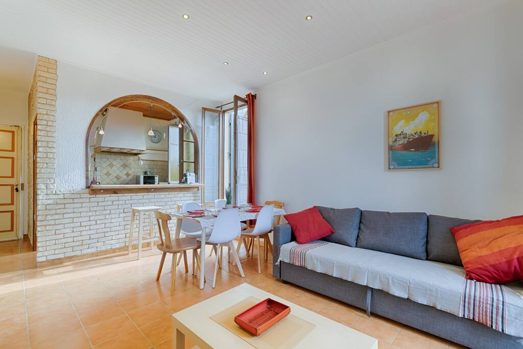 Spacious living room with couch bed for two