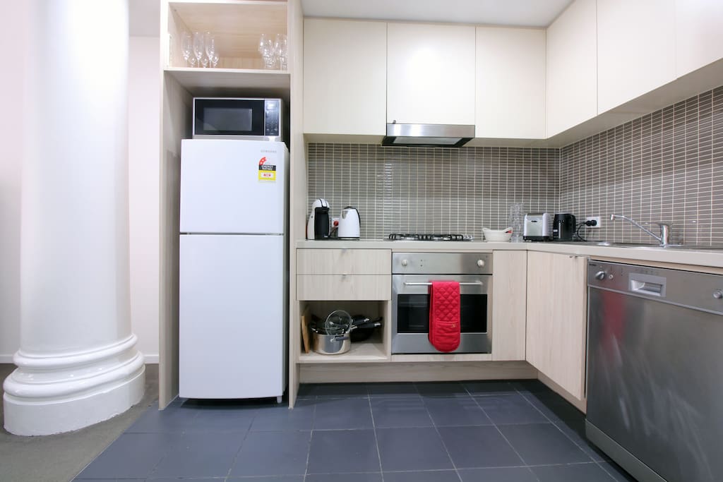 Fridge, microwave, dishwasher, Blaco stove and oven