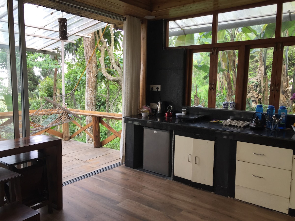 The open kitchen area features a countertop with basic utensils, a small fridge, and a stove, surrounded by wooden cabinetry. Large windows allow natural light to fill the space, offering views of the outdoor deck and surrounding greenery. A cozy dining table is present.