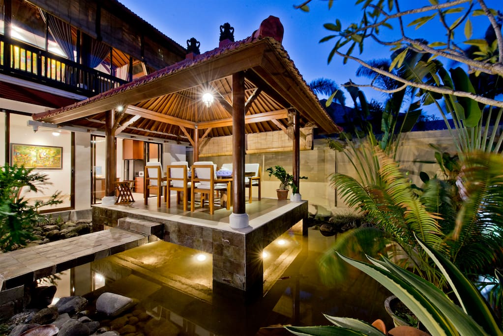 outdoor dining area at night