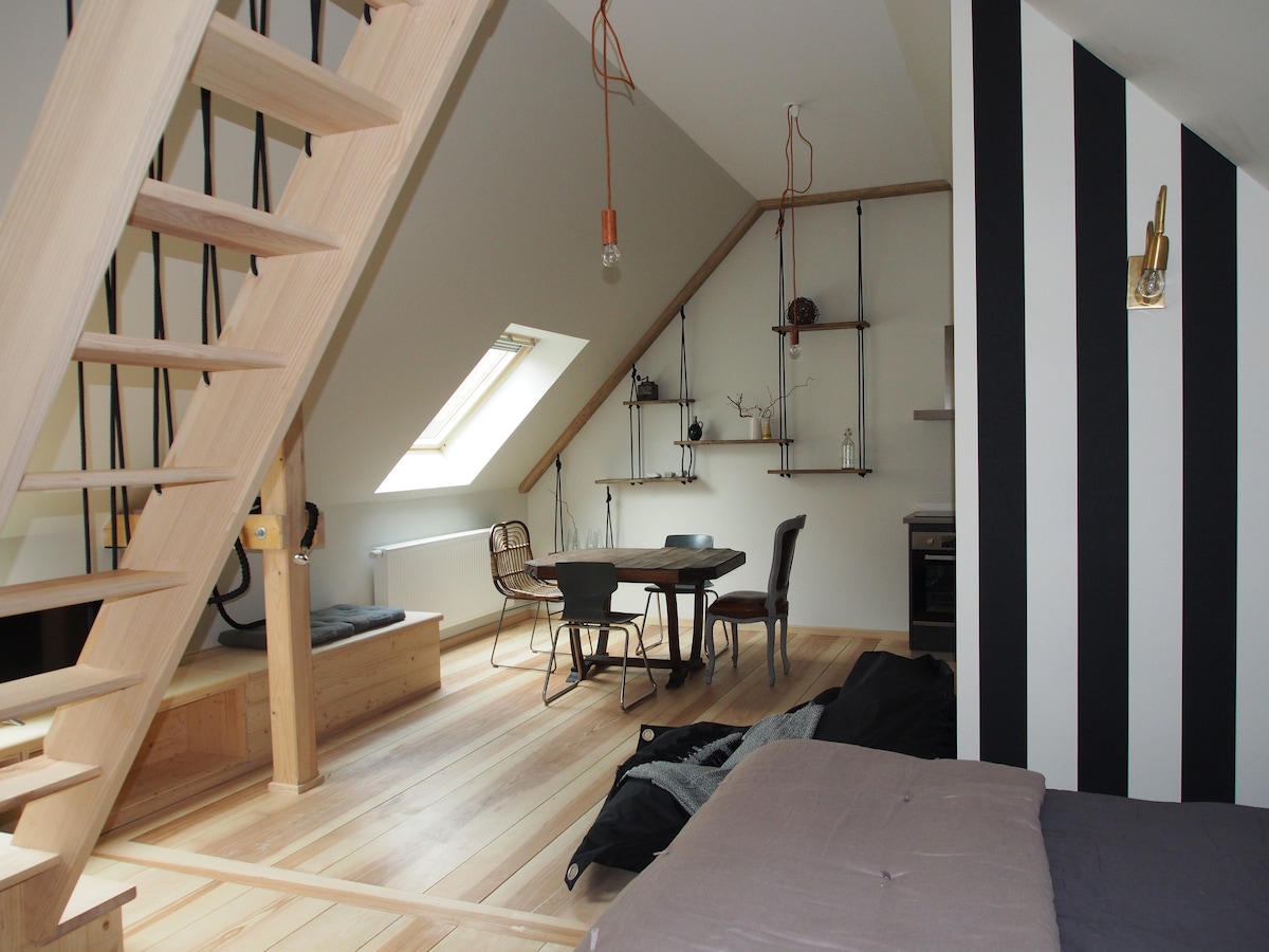 An open living area features wooden flooring and a staircase leading to a mezzanine. A dining table with four chairs is positioned in the center, complemented by decorative shelves on the walls. A cozy sleeping area is visible, accompanied by skylights that provide ample natural light.