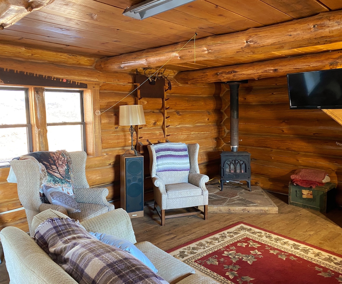 A cozy seating area is created with two armchairs and a sofa, featuring a soft blanket draped over one. A rustic stove stands against a wooden wall, while natural light enters through the multi-paned windows, highlighting the cabin's log construction.