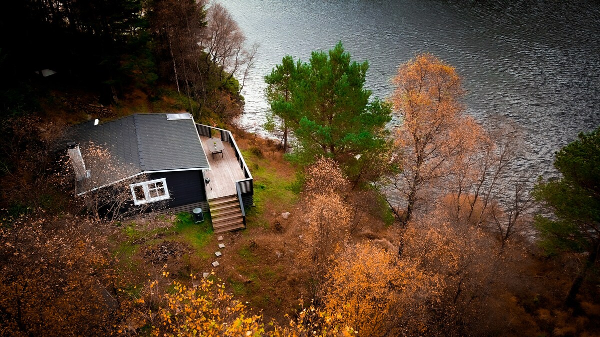 An aerial view of a rustic cabin surrounded by trees and autumn foliage. The cabin features a deck with steps leading down, positioned near a calm body of water reflecting the natural scenery. The location conveys a sense of seclusion in a tranquil natural setting.