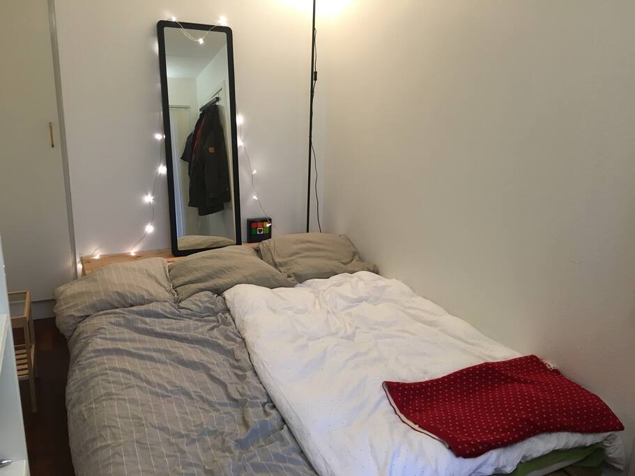 Compact bedroom with double bed and closet space.