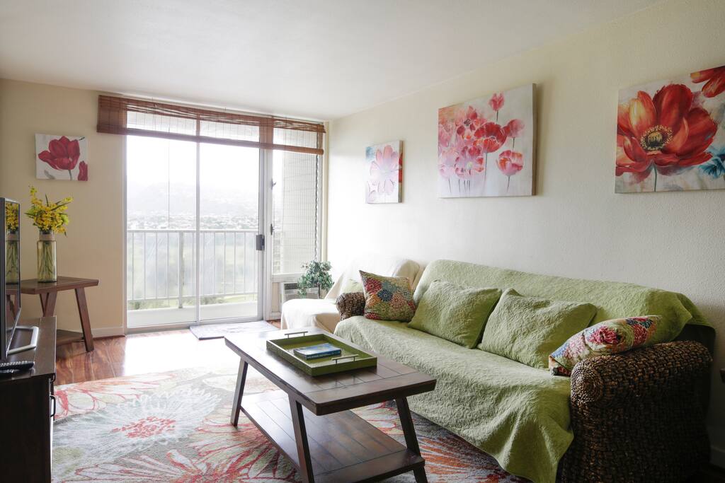Spacious living room with a full size futon and a single foldout couch-bed