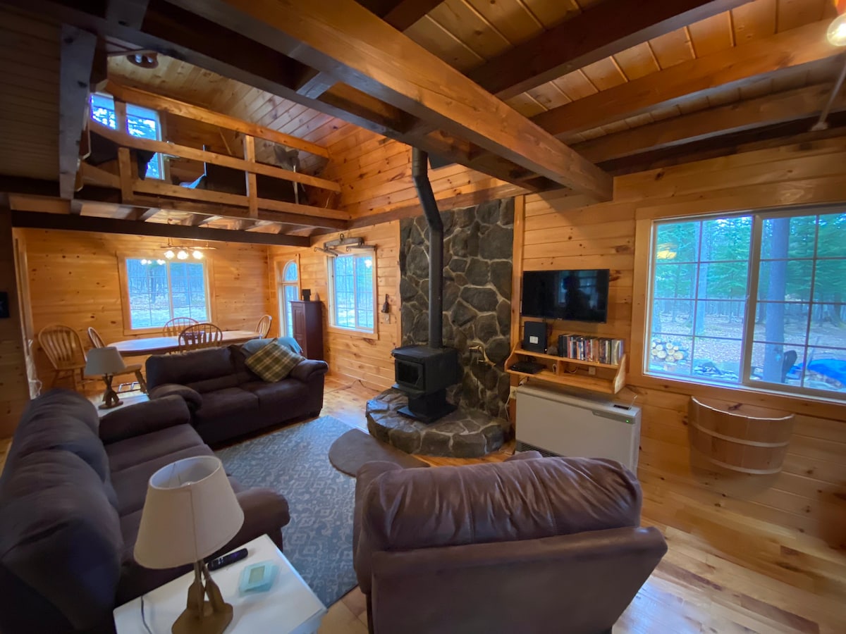 The living room features wooden walls and exposed beams, creating a cozy atmosphere. Two couches and a recliner are arranged around a central stone fireplace. A Roku TV is mounted on the wall, with DVD player and movies available. Windows offer views of the wooded surroundings.