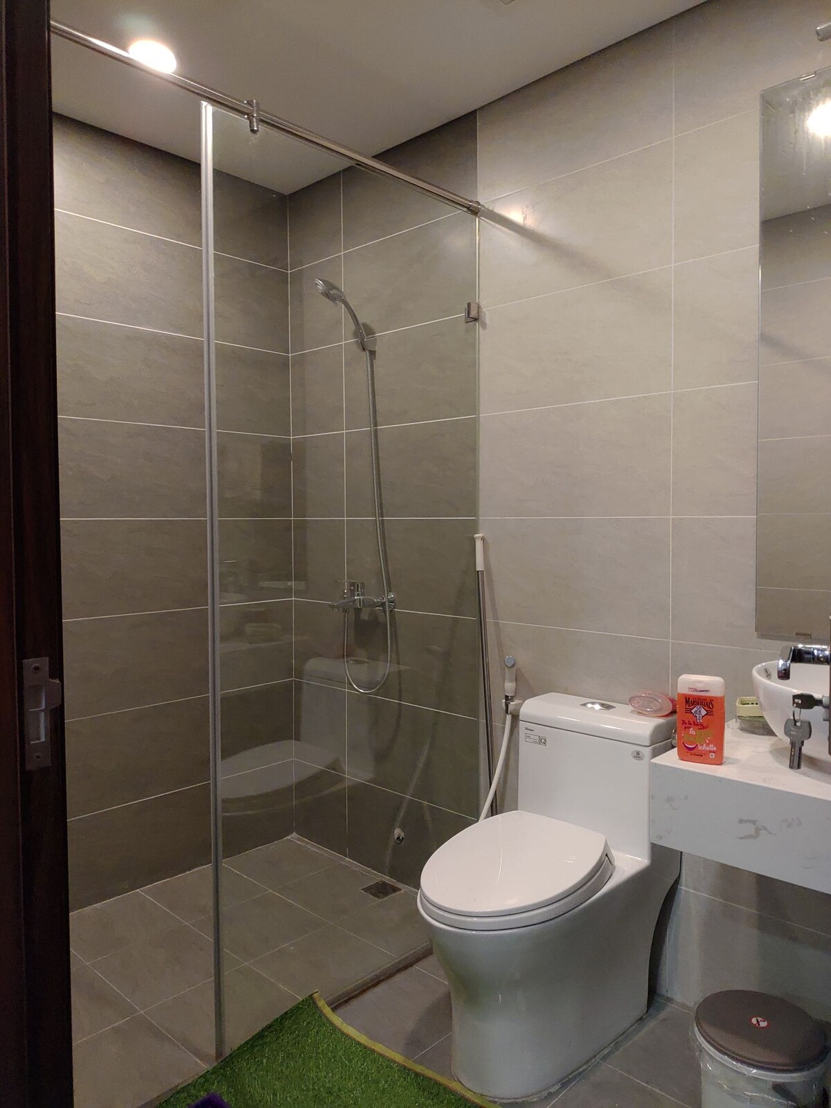 A modern bathroom is presented with a glass shower enclosure, featuring a handheld showerhead and wall-mounted controls. A sleek toilet is positioned beside a vanity with a sink and a mirror above. The floor is covered in gray tiles, complemented by a small green rug.
