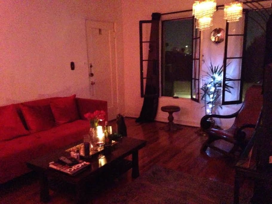 living room with view of DTLA