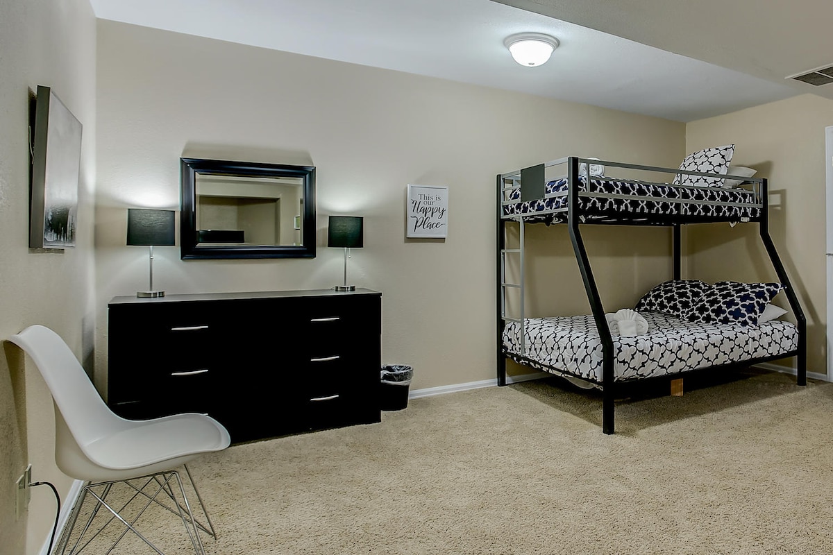 Lower Level bedroom with Dbl lower bunk, single top- connected to living room 2