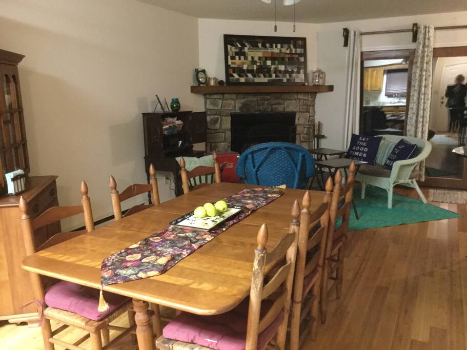Great Room with wood burning fireplace and bamboo floors.
