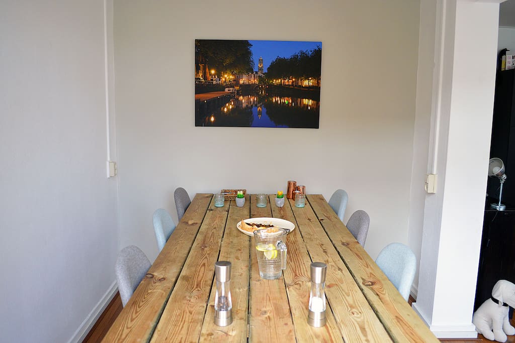 The dining table is large enough to properly seat up to 6 people in comfort.