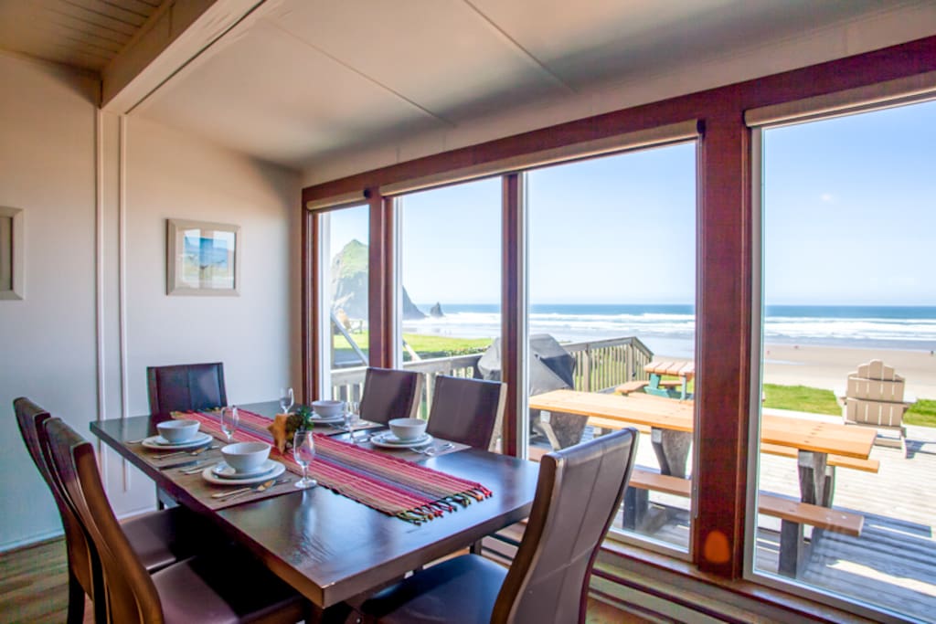 Spacious dining area with views of the Pacific and Haystack Rock