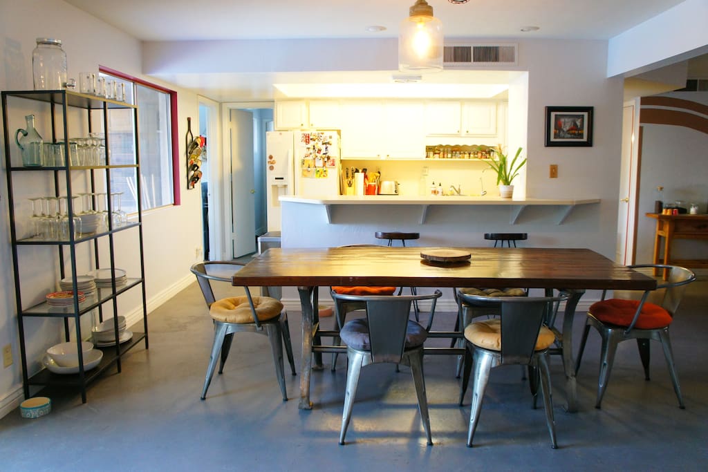The view of the kitchen from the dining room