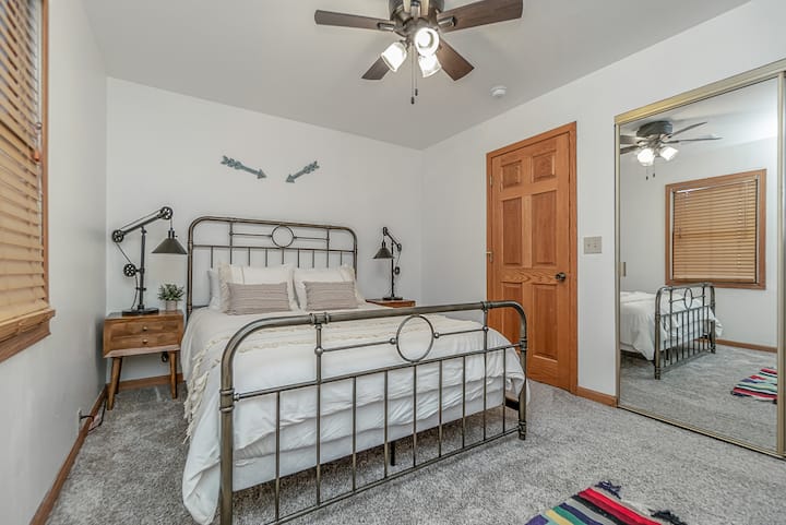 Queen sized bed. Ideal for privacy. Hallway bath is just one door over.