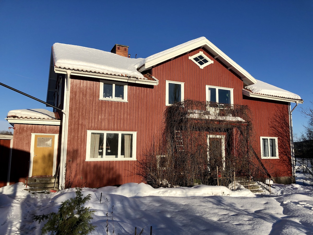 The facade of a large red wooden house is shown, featuring multiple windows and a central entrance. Snow covers the ground and roof, while a ladder leans against the side. A clear blue sky provides a contrasting backdrop.