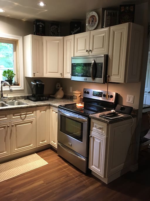 full size oven, microwave, dishwasher, fridge with icemaker