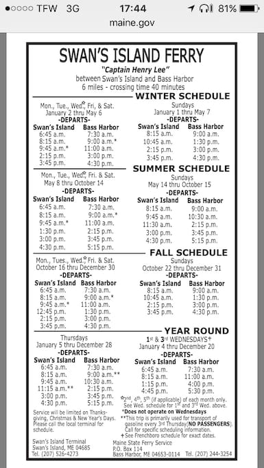 2017 Ferry Schedule from Bass Harbor to Swan's Island, and back.